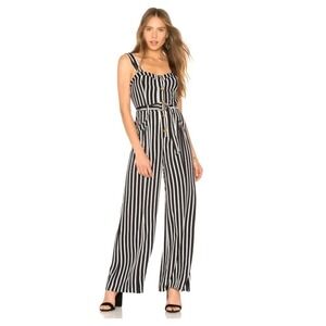 J Justify Jumpsuit Women's Large Black White Striped Stretchy Strapless Modern!